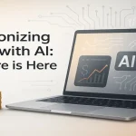 Laptop displaying AI banking dashboard with coins and credit cards.