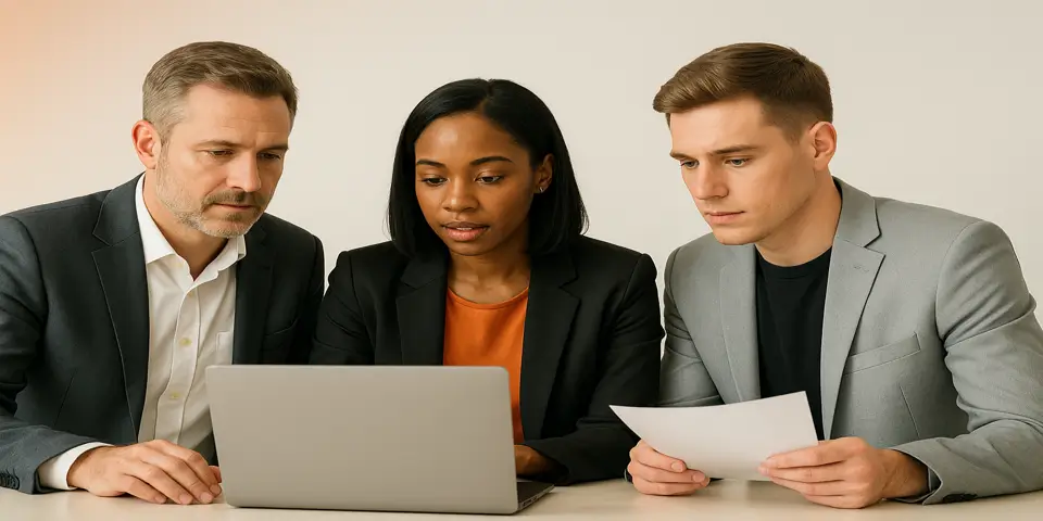 Team of banking professionals discussing AI-powered loan strategies.