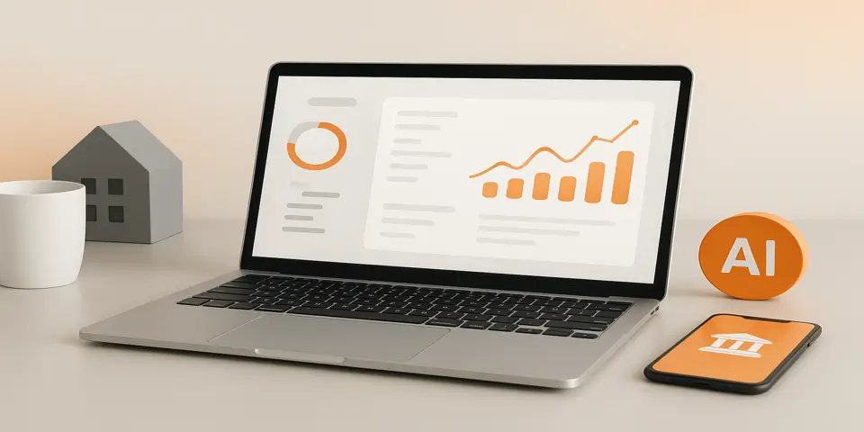 Laptop displaying financial analytics and loan performance charts.