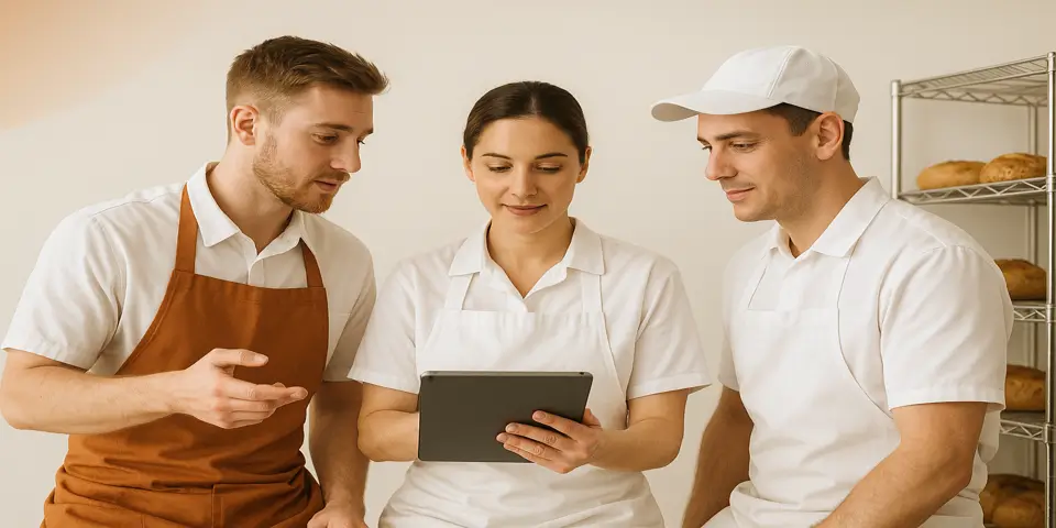Bakery team collaborating over digital inventory dashboard.