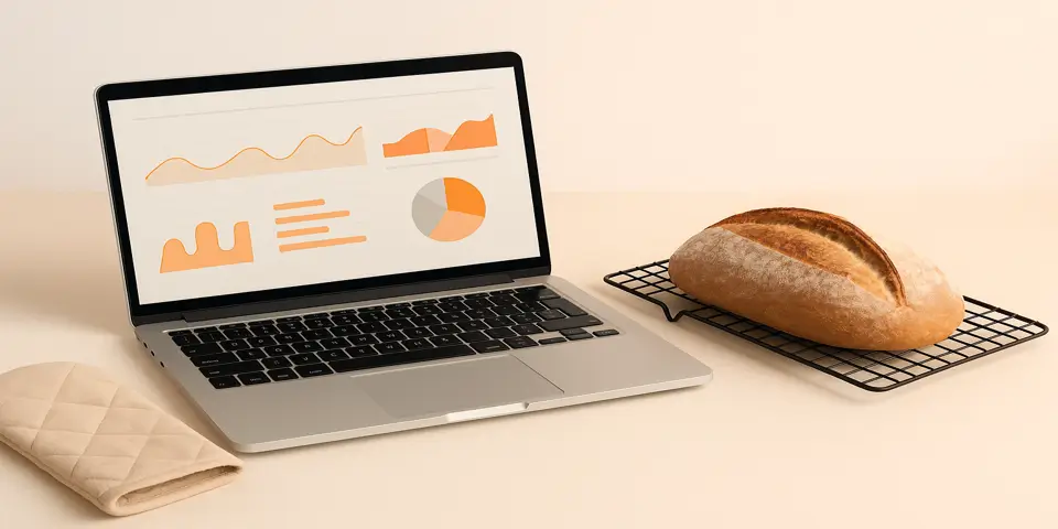 Laptop showing bakery sales and production analytics dashboard.