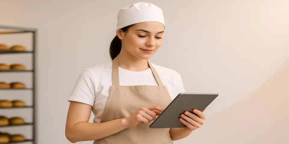 Baker analyzing digital sales data on a laptop in bakery.