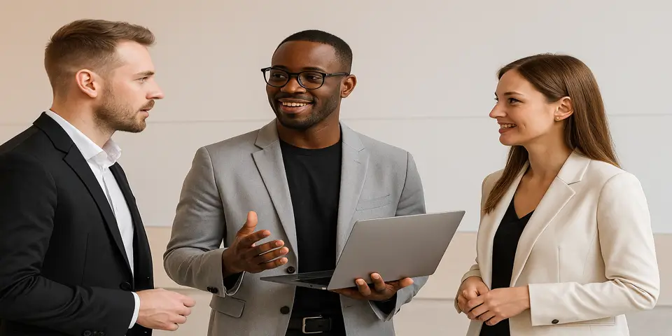 Professionals discussing enterprise web strategies in a modern office environment.