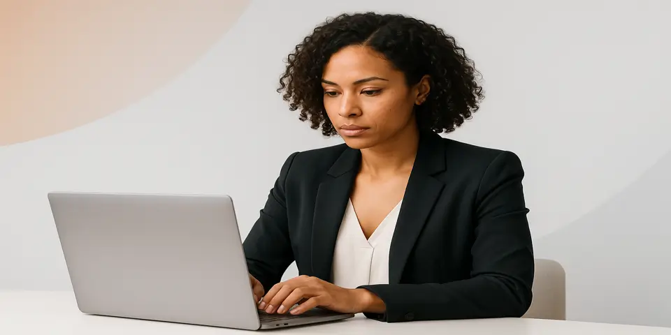 Business professional analyzing website performance metrics on a laptop.