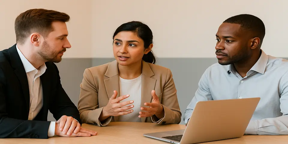 Team of professionals analyzing AI financial data for SME growth.