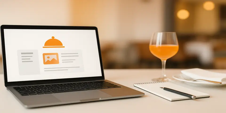 Laptop displaying restaurant website design with digital menus.