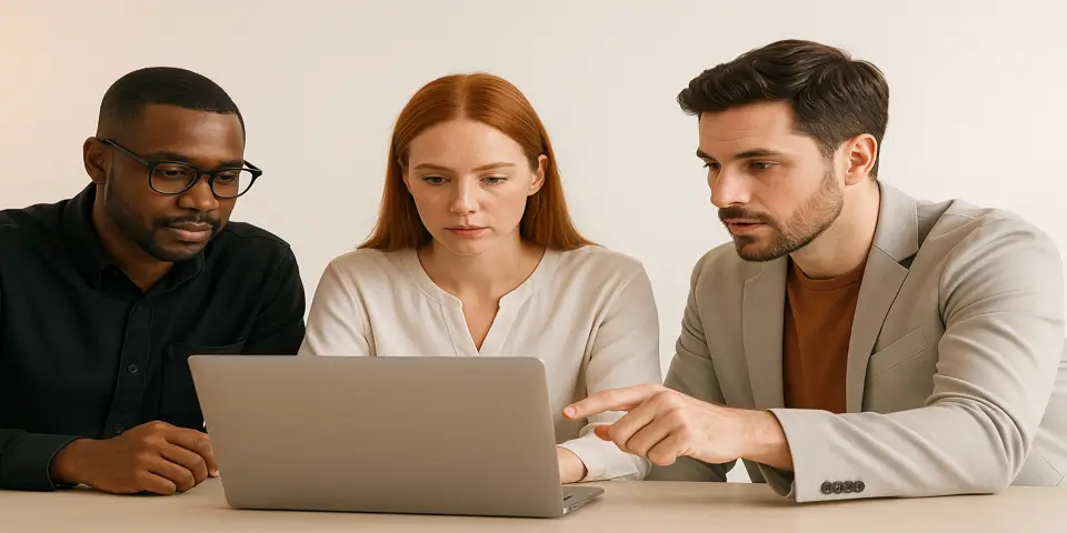 Marketing team analyzing PPC campaign performance on large screens.