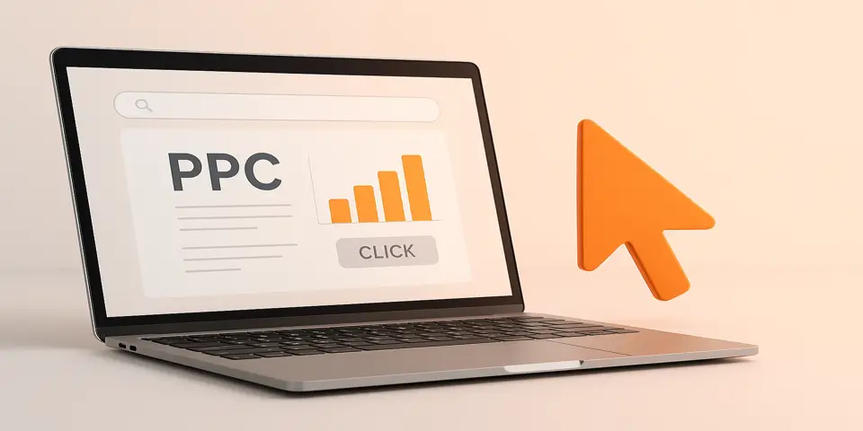 Laptop displaying PPC dashboard with ad performance metrics.