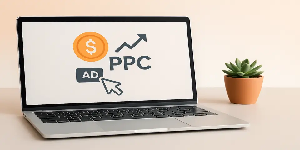Laptop displaying PPC dashboard with ROI analytics and performance charts.