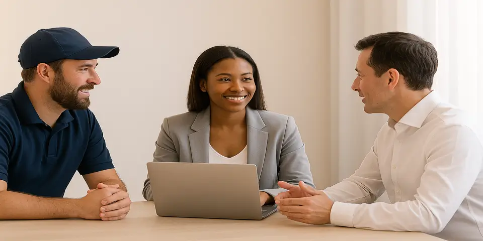 Marketing professionals planning HVAC digital campaigns with analytics screens.