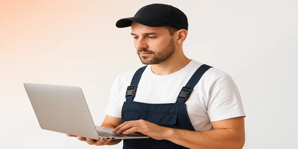 Business professional analyzing HVAC marketing data on a laptop.
