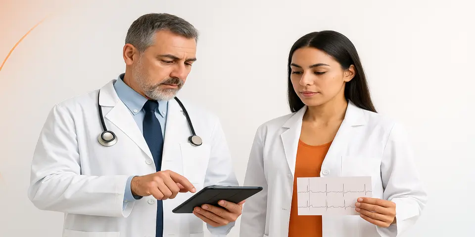 Medical professionals collaborating on cardiology data and technology.