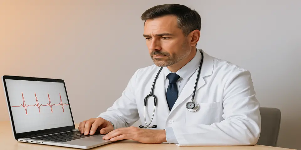 Doctor analyzing cardiac data on a digital dashboard.