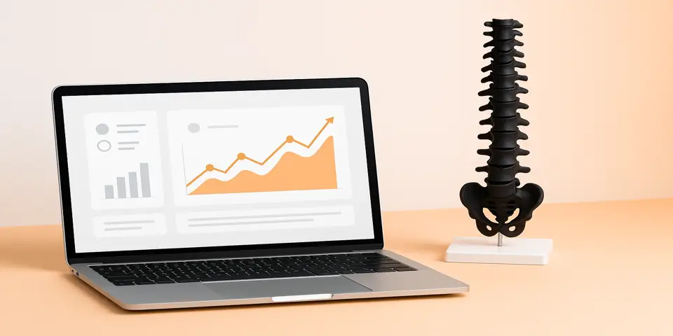 Laptop displaying chiropractic website analytics and engagement charts.