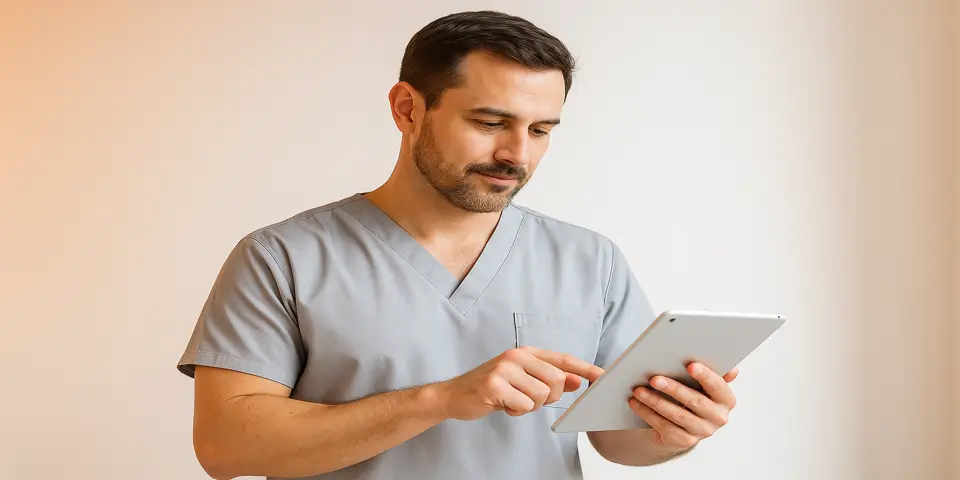 Professional analyzing chiropractic SEO analytics on a laptop.