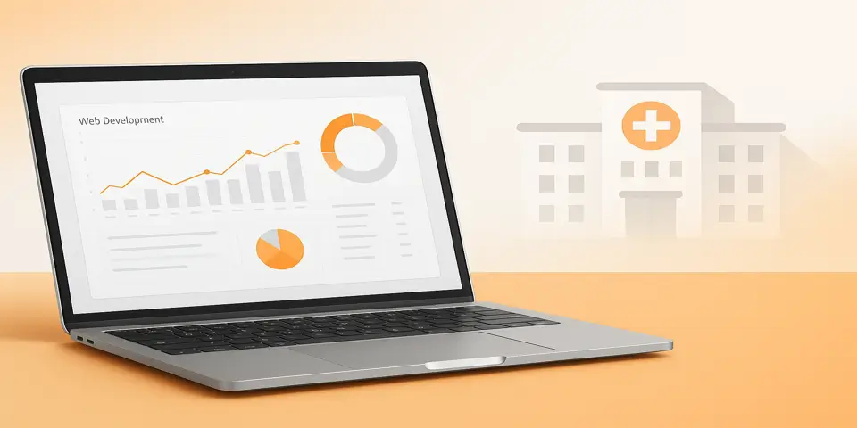 Laptop displaying hospital website analytics and digital dashboard.