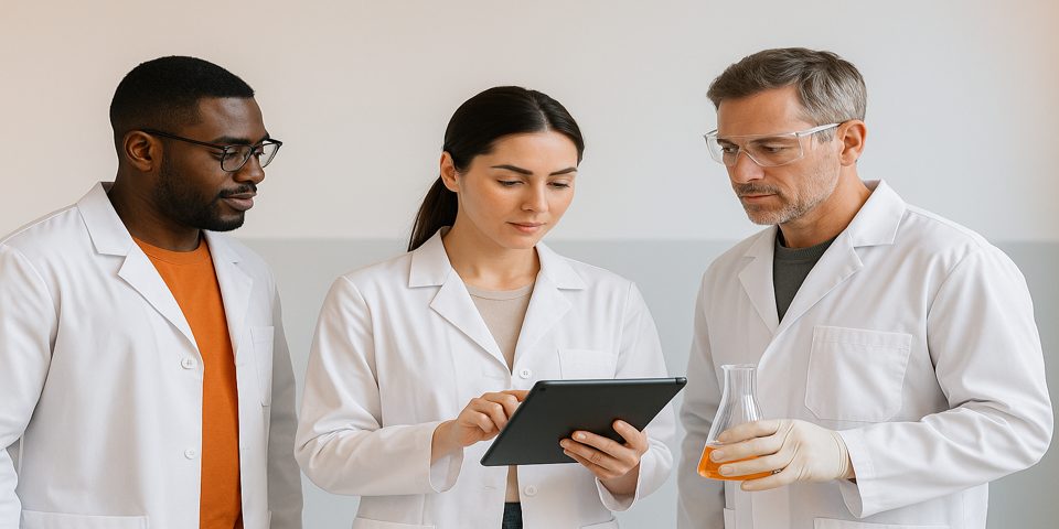 Developers and scientists collaborating on lab web projects.