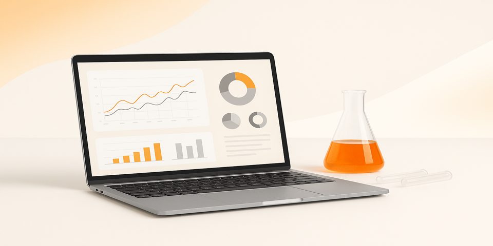 Laptop screen displaying lab web analytics and code interface.