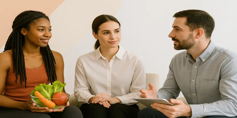 Small team discussing wellness-driven strategies using digital insights.