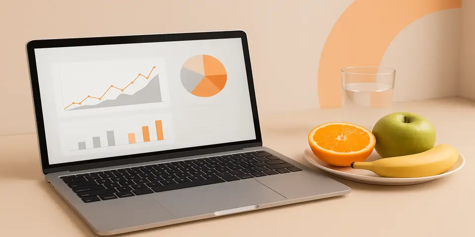 Laptop screen displaying wellness or business analytics with clean, modern charts.