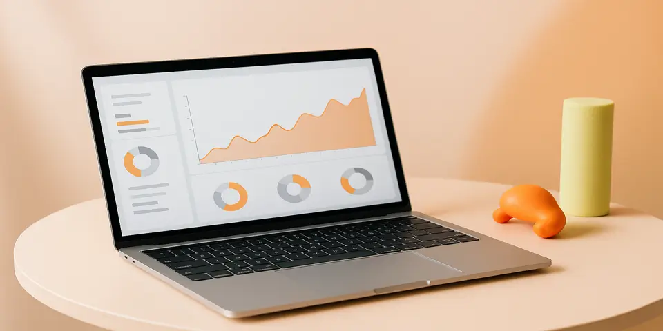 Laptop displaying AI-powered analytics and performance charts.