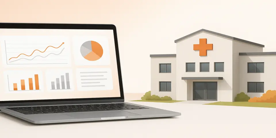 Laptop screen displaying AI analytics dashboard for rehab performance.