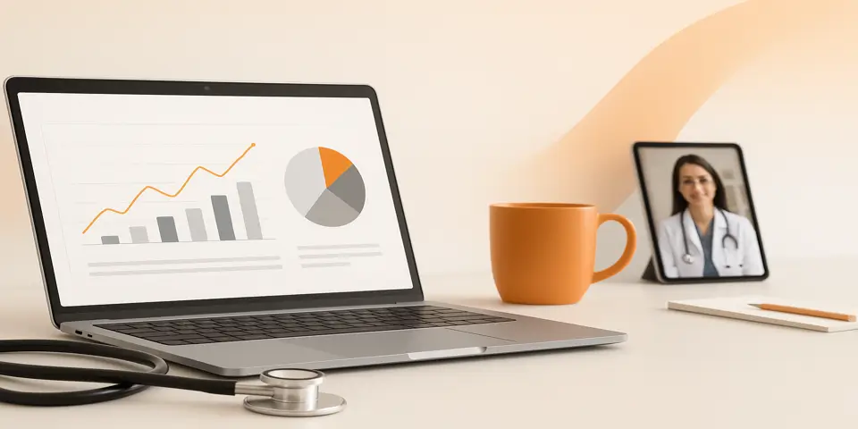 Laptop displaying analytics dashboard for telehealth performance metrics.