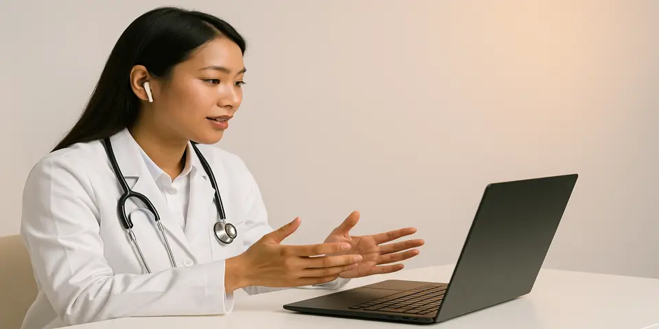 Healthcare professional using telehealth technology for patient communication.