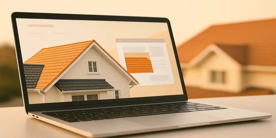 Laptop screen displaying roofing business web layout with modern gradients
