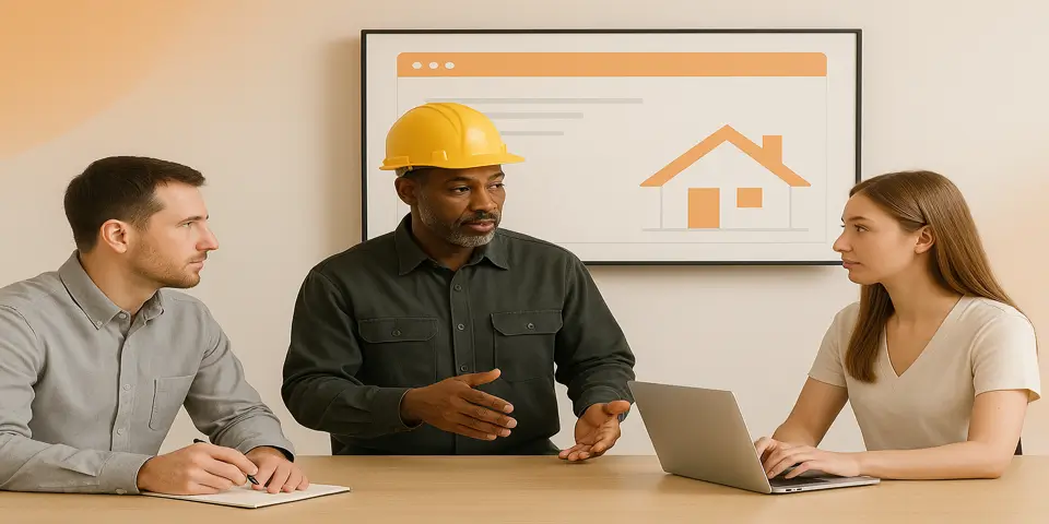 Team reviewing roofing business website plans with modern visuals