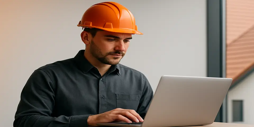 Professional analyzing roofing-focused website layout on a modern workspace