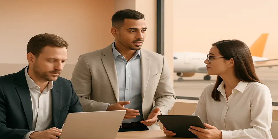 Team discussing aerospace marketing strategies with digital planning visuals