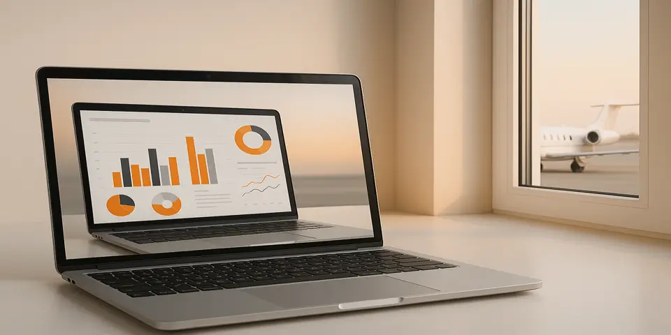 Laptop displaying aircraft sales dashboard and digital marketing insights
