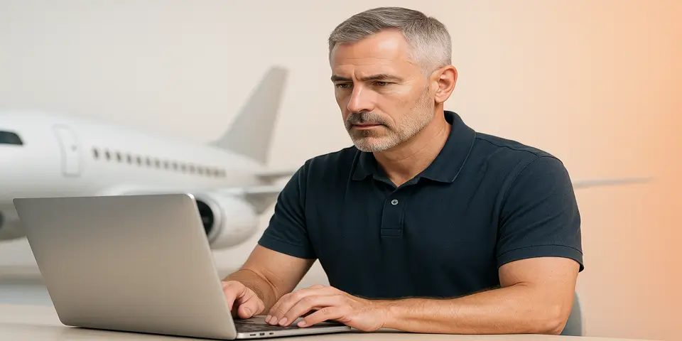 Professional analyzing aircraft sales data and digital insights in a modern environment