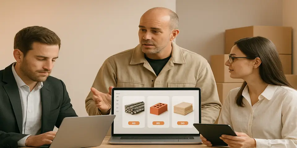 Team reviewing digital planning for building material supply chain operations