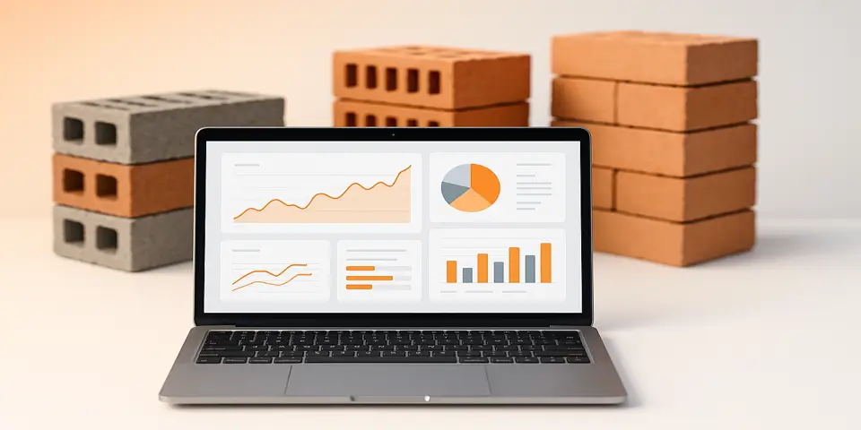 Laptop displaying building material supply chain dashboard with structured data
