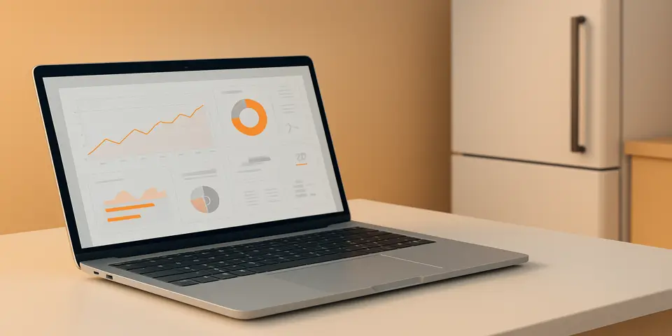 Laptop displaying refrigeration system dashboard with performance and ROI metrics