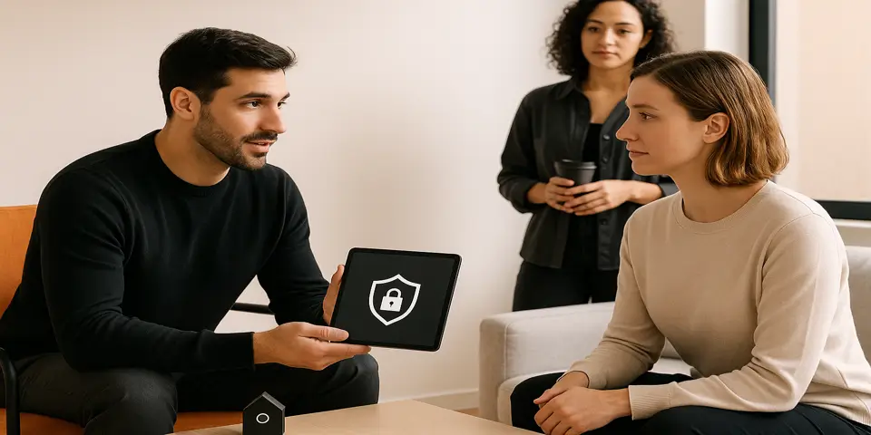 Team analyzing digital security tools during a workplace discussion.