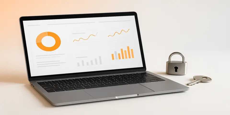 Digital device displaying charts and security-related visuals for business optimization.
