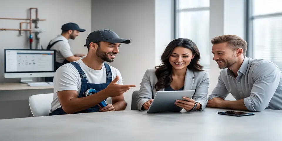 Team reviewing digital strategies to improve service-based business performance.