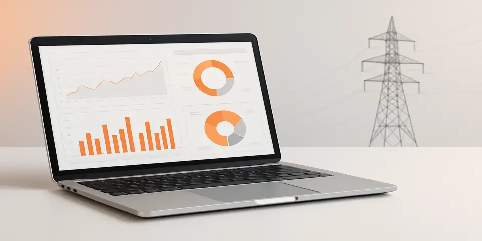 Digital device displaying energy analytics and innovation-related visuals.