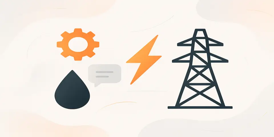 Abstract icons representing energy, technology, and digital transformation.