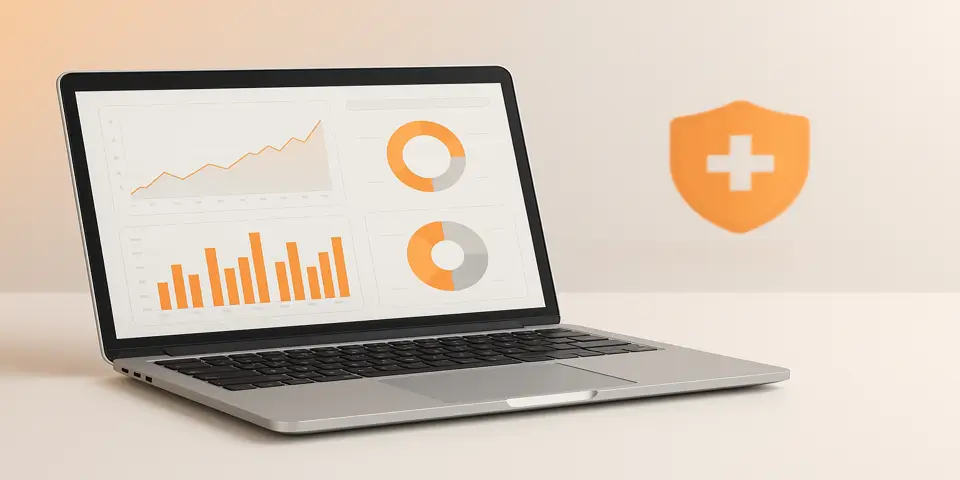 Laptop displaying analytics dashboard with clean digital visuals.