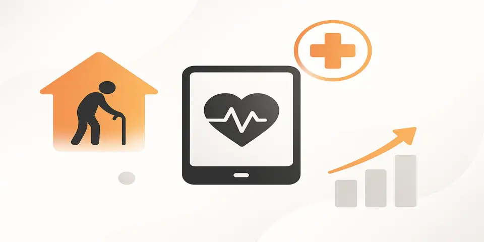 Abstract shapes symbolizing digital transformation and support in assisted living contexts.