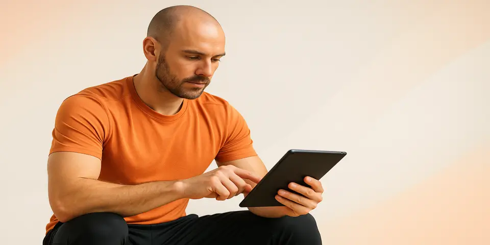 Fitness coach creating social media content on a laptop.