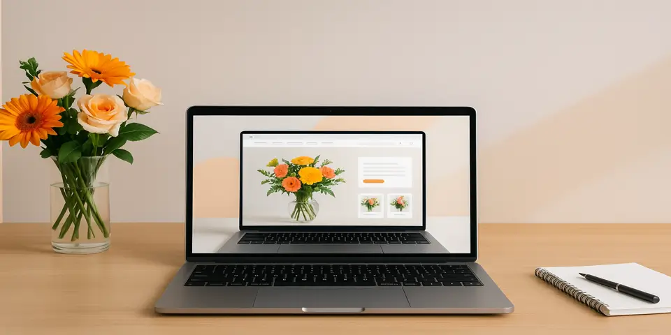 Laptop displaying floral web design layout and digital content elements.