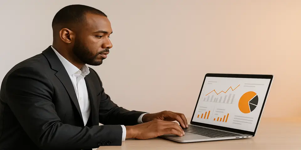 Professional reviewing government digital trends and performance analytics on a device.