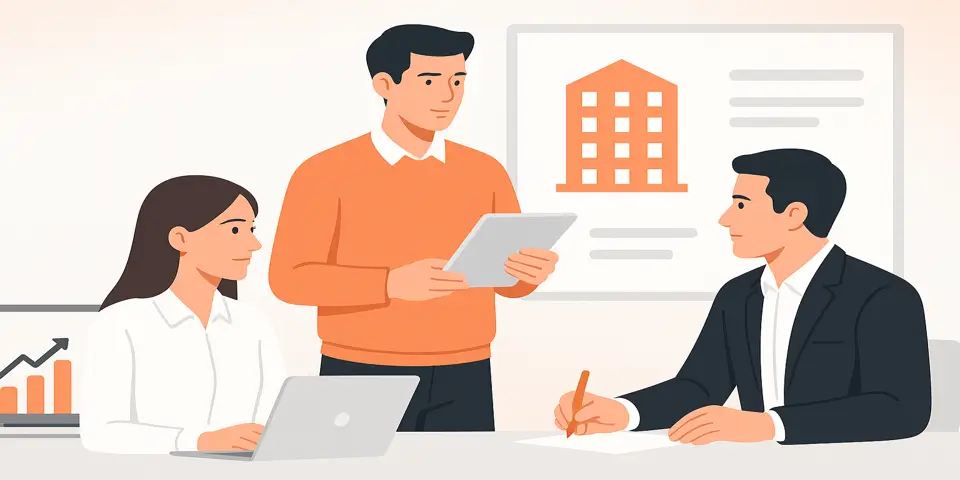 Team reviewing digital marketing strategies to improve apartment sales results through data insights and collaborative planning.