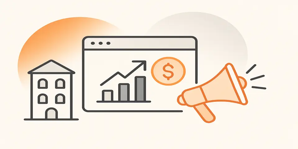 Modern digital icons illustrating strategic growth and performance analytics for real estate and apartment sales.