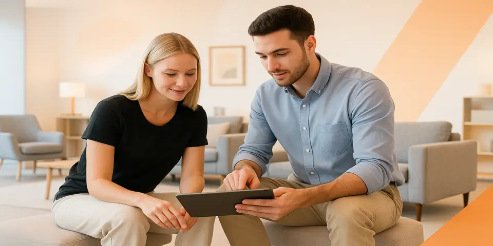 Team discussing digital marketing ideas to improve sales and customer engagement for furniture retail.